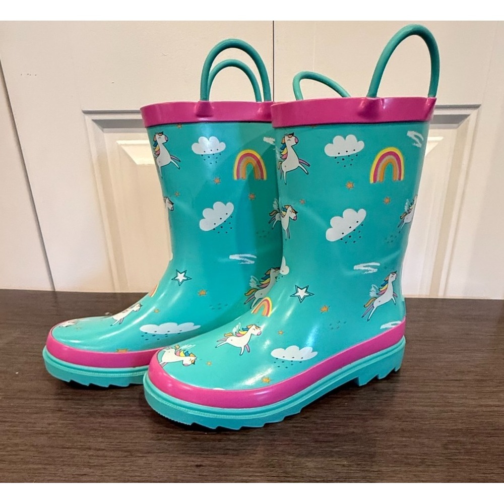 Blue Mountain Kids Unicorn Rainbow Rain Boots Size 13T Aqua Pink Waterproof